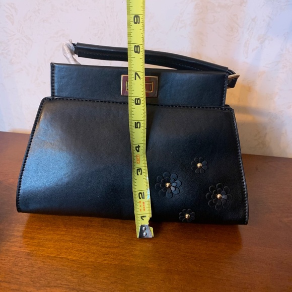 NY&C Black Handbag With Gold-Toned Hardware and Flowers Accent - Picture 12 of 12